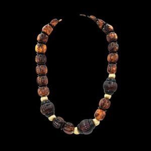 MCM Vintage Root Beer Lucite Beaded Necklace with Gold Beads & Black Discs